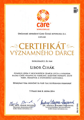 Certifikát významného dárce CARE