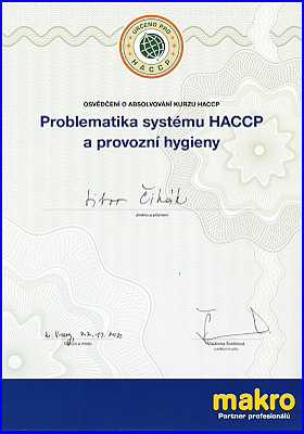 Osvědčení o absolvování kurzu problematiky systému HACCP a provozní hygieny